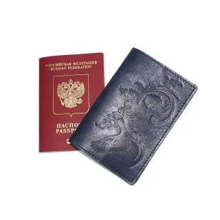 Обложка для паспорта кожаная ОП-66 Синий, Птица