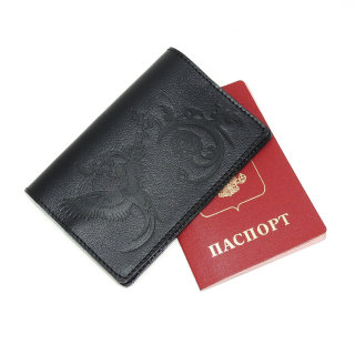 Обложка для паспорта черная кожаная ОП-71 Птица