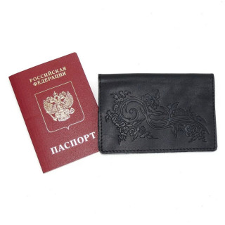 Обложка для паспорта черная кожаная От-71 Цветы